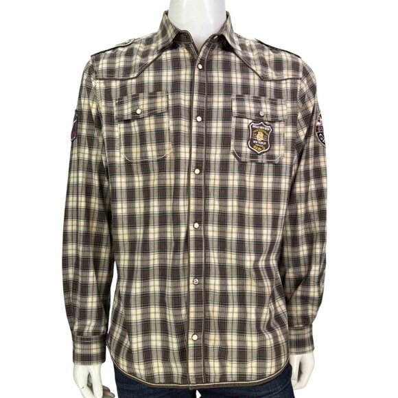 Buffalo David Bitton Mens Western Shirt Pearl Snap Brown Plaid Patch Size L - Picture 2 of 14
